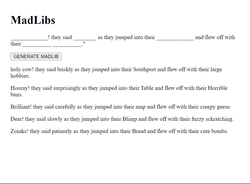 "Mad Libs Generator" code example